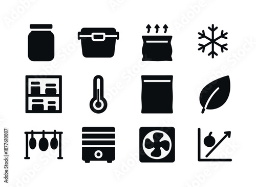 Food Preservation Icons. Food preservation. Solid icon set of food preservation: mason jar, airtight lid, vacuum icon, freezer symbol, pantry shelf,