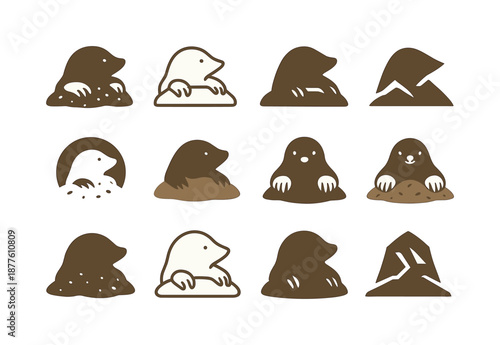 Mole Logo Variations. Mole. Icon set. Set Logo of mole: soft earth texture icon. harmonious logo variations of the same emblematic concept, each with different