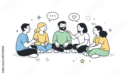 Supportive Circle Gathering. Peer support circle. Participants sitting in a circle, exchanging thoughts and encouragement. Emotional connection and collective