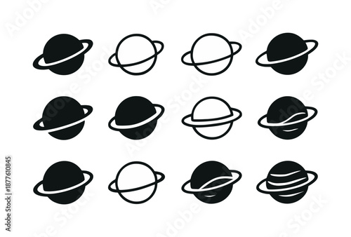 Celestial Icon Collection. Celestial bodies. Icon set. Set Logo of celestial bodies: planet with ring. harmonious logo variations of the same emblematic