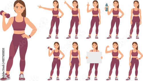 Fitness woman character illustration set showing workout poses, strength training and healthy lifestyle activities, sporty female cartoon avatar design for gym, wellness, exercise