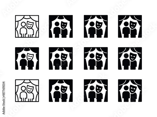 Masked Theater Logos. A live theater performance with actors wearing masks. Icon set. Set Logo of A live theater performance with actors wearing masks: mask on