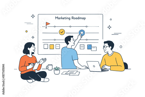 Marketing Roadmap Planning. Marketing roadmap alignment. Team arranging milestones and timelines for upcoming campaigns. Calm confidence in planning and