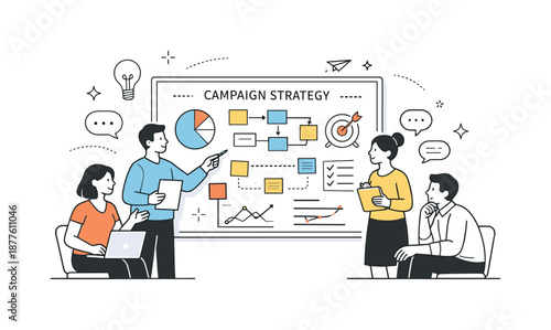 Strategic Marketing Review. Marketing team planning. Team reviewing a strategy board with charts and sticky notes. Focused discussion and structured campaign