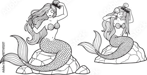  coloring book A mermaid sitting on a rock combing her hair thick line art  in black and white in white background 