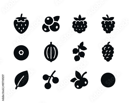 Berry Icons Collection. Berries. Solid icon set of berries: strawberry, blueberry cluster, raspberry, blackberry, cranberry, gooseberry, currant cluster,