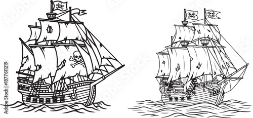  coloring book A pirate ship sailing on calm waves  line art  in black and white in white background 