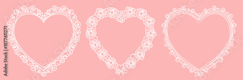 Romantic whimsical lace heart frames set with floral and scroll borders isolated on background. Valentine cards, wedding invitations, love notes, logos, scrapbooking and feminine graphics. Vector.