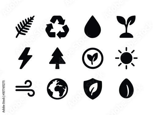 Eco Nature Icons. Eco nature icons. Solid icon set of eco nature icons: fern frond, recycling loop, water droplet, sprout symbol, green energy bolt, tree icon,