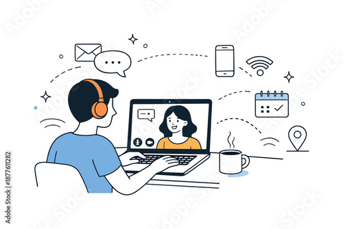 Remote Work Illustration. Remote office setup. A worker attending a video call on a laptop screen. Connected communication and flexibility, minimal dialog