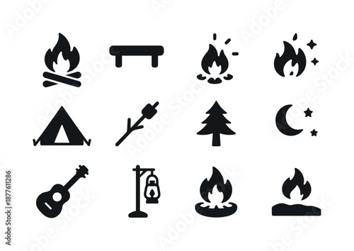 Campfire Icon Set. Campfire night. Solid icon set of campfire night: bonfire flames, log bench, ember glow, flame sparks, camping tent, roasting stick,