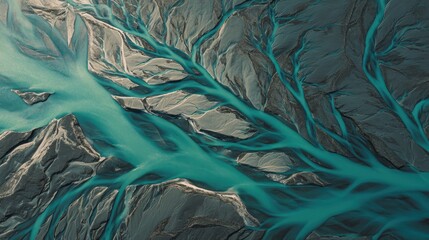 Abstract turquoise river delta carving through dark sediment with bold geometric patterns and cinematic contrast.
