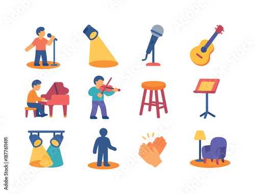 Solo Performance Icons. Solo Performances. Colorful flat vector icons set of Solo Performances: solo singer on stage, spotlight beam, microphone stand,