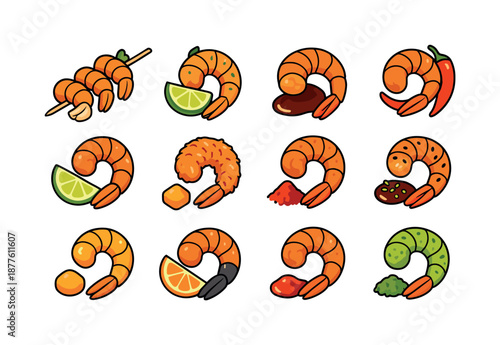 Shrimp Flavor Icons. Shrimp flavor styles. Colorful isometric vector icons set of shrimp flavor styles: garlic shrimp skewer, lemon herb shrimp, teriyaki