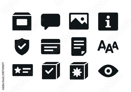 Packaging Icon Set. Packaging communication. Solid icon set of packaging communication: front panel type, message icon, visual message, info label, trust