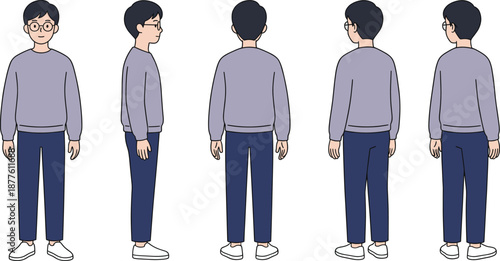 Male character turnaround vector illustration displaying front side back angled views casual young man model sheet for animation character design