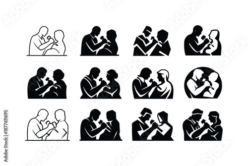 Sculptor Logos Collection. Sculptors shaping their creations. Icon set. Set Logo of Sculptors shaping their creations: sculptor with chisel. harmonious logo