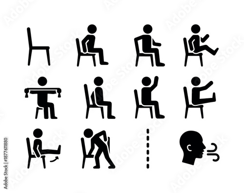 Chair Exercise Icons. Chair-based exercises. Solid icon set of Chair-based exercises: sturdy chair, seated lift, seated twist, seated march, resistance band
