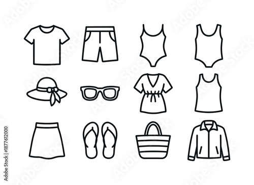 Summer Clothing Icons. Summer clothing. Line icon set of Summer clothing: t-shirt, shorts, swimsuit, sandals, sun hat, sunglasses, beach cover-up, tank top,