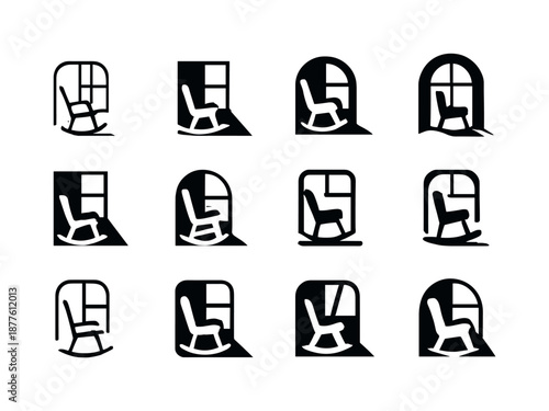Rocking Chair Logos. Rocking chair by the window. Icon set. Set Logo of rocking chair by the window: rocking chair shadow cast by window. harmonious logo
