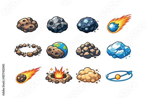 Colorful Space Icon Set. Asteroids & comets. Colorful isometric vector icons set of asteroids & comets: rocky asteroid, metallic asteroid, comet nucleus,
