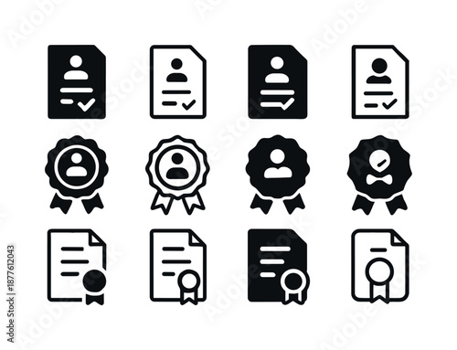 Job Contract Icons. Job contract. Icon set. Set Logo of Job contract: Certified contract badge: Flat solid, Symmetrical form, Iconic shape, Abstract geometric,