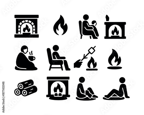 Cozy Fireplace Icons. People enjoying a warm fire in the fireplace. Solid icon set of people enjoying a warm fire in the fireplace: fireplace icon, flickering