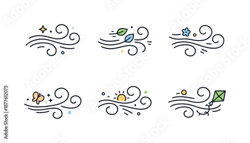 March Wind Icons. March Wind Icons. Playful wind curves with motion accents, suggesting fresh air and movement. Friendly and optimistic early spring feeling.