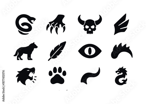 Legendary Beast Icons. Legendary beasts. Solid icon set of Legendary beasts: serpent coil, giant claw, horned skull, wing shard, beast silhouette, ancient