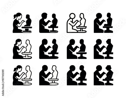 Sculptor Logo Variations. Sculptors shaping their creations. Icon set. Set Logo of Sculptors shaping their creations: rotating sculpting stand. harmonious logo