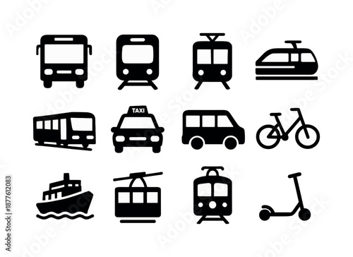Transit Icon Grid. Transit vehicles. Solid icon set of Transit vehicles: bus, subway train, tram, monorail, light rail, taxi, shuttle van, bike share, ferry,