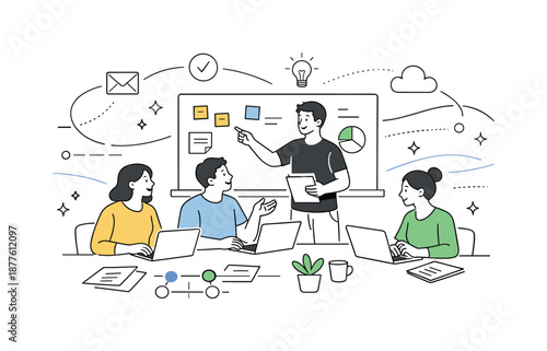 Collaborative Office Vibes. Modern workplace culture. Team collaborating in an open office with laptops, notes, and shared boards, showing transparency and