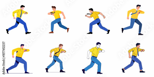 Eight illustrations of a busy businessman running and checking his watch, depicting urgency, time pressure, and being late for work.
