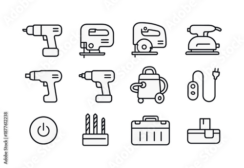 Power Tools Icons. Power tools. Line icon set of Power tools: drill, jigsaw, circular saw, sander, heat gun, power screwdriver, shop vacuum, extension cord,