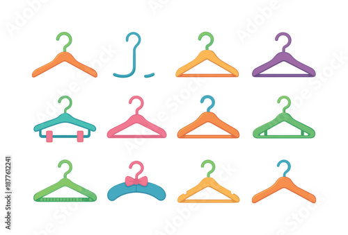 Colorful Hanger Icons. Hanger hook. Colorful flat vector icons set of hanger hook: classic clothes hanger, metal hook, wooden hanger, velvet hanger, pant clip