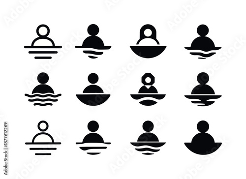 Harmonious Logo Grid. Quiet reflection. Icon set. Set Logo of quiet reflection: peaceful horizon line. harmonious logo variations of the same emblematic