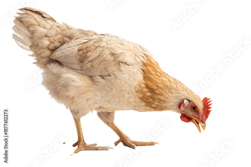 Ultra realistic chicken pecking grain, full body or medium shot, natural standing posture, chicken eating animal feed, realistic feathers texture, natural proportions, soft studio lighting, calm neutr