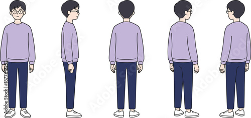 Male character turnaround vector illustration showing front side back views casual young man model sheet for animation design reference use
