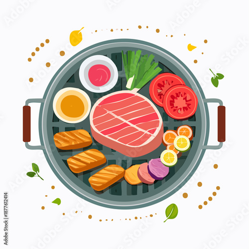 Delicious Barbecue Grill Feast Steak, Sausages, Vegetables, and Sauces for a Perfect Outdoor Meal