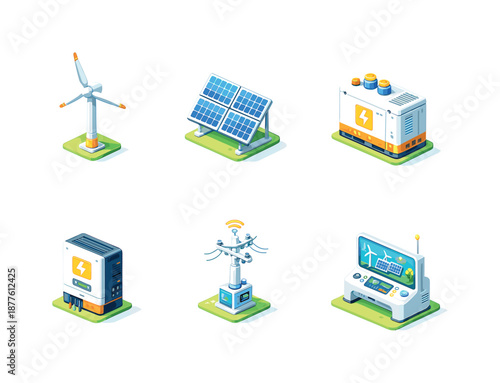 Isometric Renewable Icons. Renewable energy. Isometric flat vector icons set of renewable energy: wind turbine tower, solar panel array, energy storage