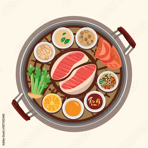 Top-down illustration of a Korean BBQ hot pot, showcasing fresh raw meat, vibrant vegetables, assorted dipping sauces, and traditional side dishes