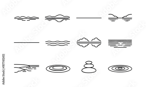 Still Water Icons. Still Water. Line icon set of Still Water: calm lake surface, water reflection, smooth water line, ripple free pond, horizon waterline,