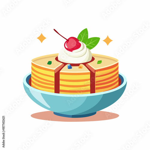 Delicious Stacked Pancakes Topped With Whipped Cream, Cherry, and Mint Leaves in a Bowl, Perfect for Breakfast or Dessert Illustration
