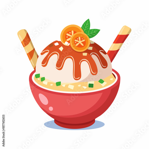 Delicious orange-flavored ice cream dessert with toppings and wafer sticks, served in a red bowl, perfect for a sweet treat