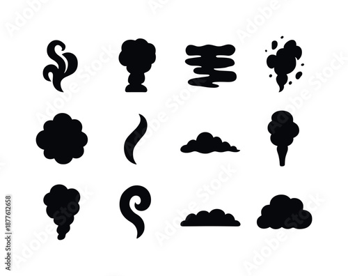 Disaster Smoke Icons. Disaster smoke patterns. Solid icon set of Disaster smoke patterns: swirling smoke, rising plume, layered smog, drifting ash, dense