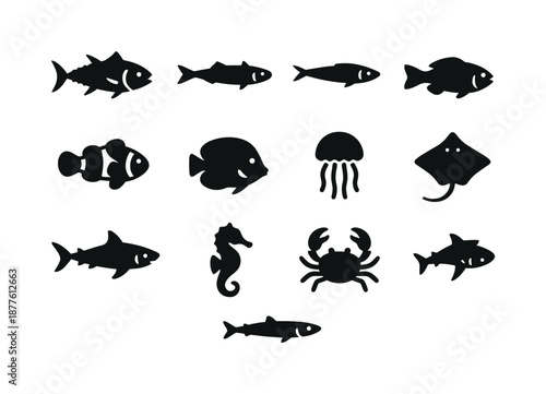 Marine Species Icons. Marine species. Solid icon set of Marine species: tuna, sardine, anchovy, mackerel, salmon, clownfish, reef fish, jellyfish, stingray,