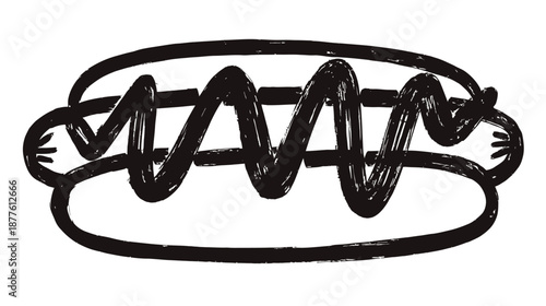 A simplistic black and white illustration of a hot dog, bun and toppings, with brushstroke style