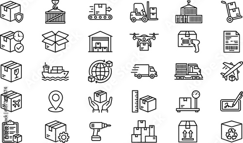 Logistics supply chain line icon set featuring warehouse shipping delivery cargo transport inventory tracking distribution services management fulfillment export import