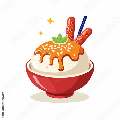 Delicious ice cream dessert with caramel sauce and waffle sticks in a red bowl, topped with mint leaves and sesame seeds, perfect for summer treats and sweet cravings