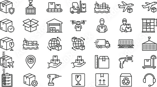 Logistics and supply chain line icon set showing warehouse shipping delivery cargo transport inventory tracking export import services management